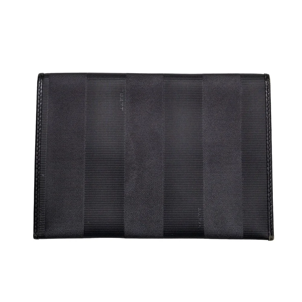 Vintage Fendi SAS Roma Pequin Striped Canvas Clutch Bag Black Leather G-02859